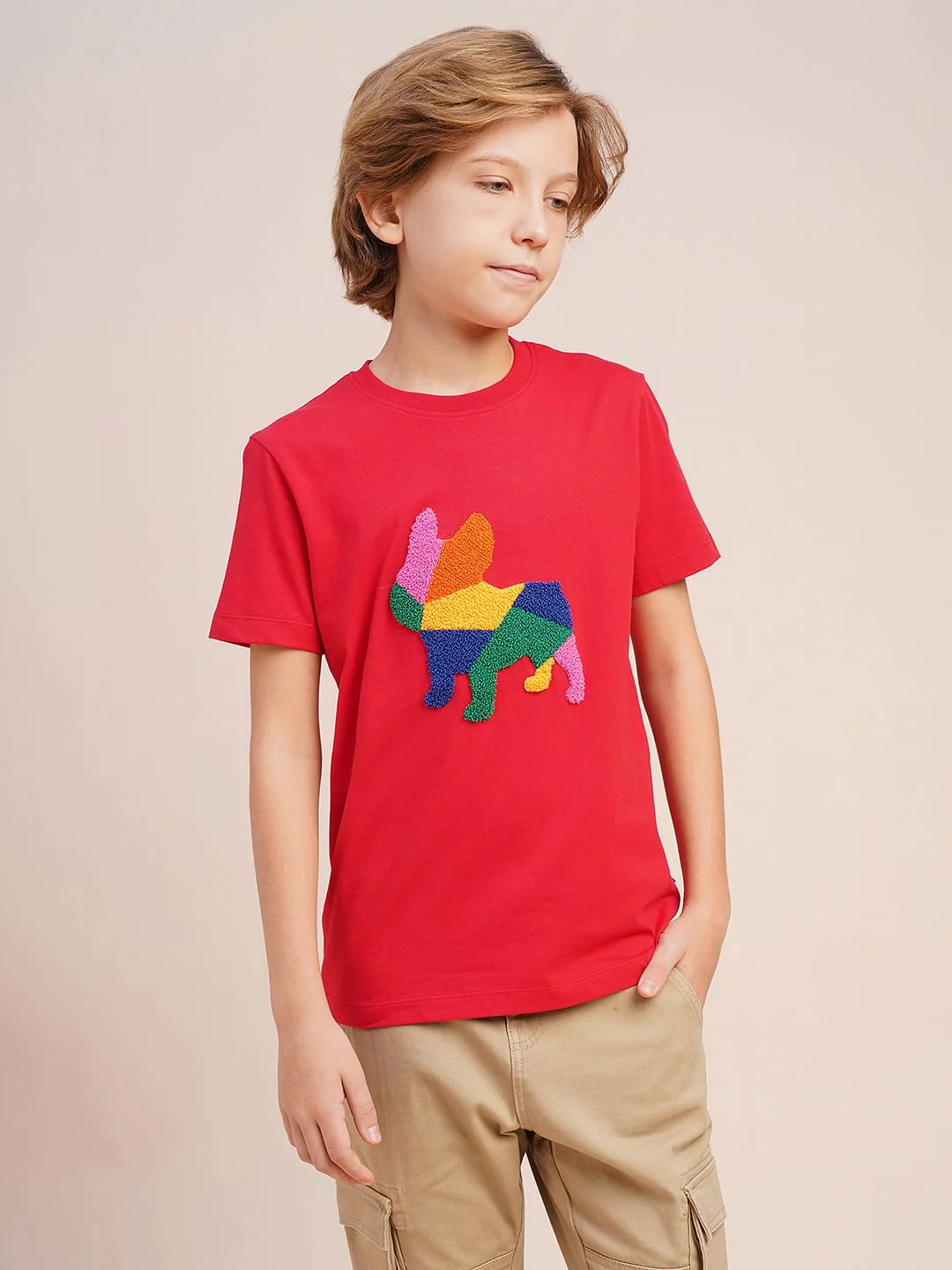 Boys Red Embroidered Doggo Print T-shirt - Image 2