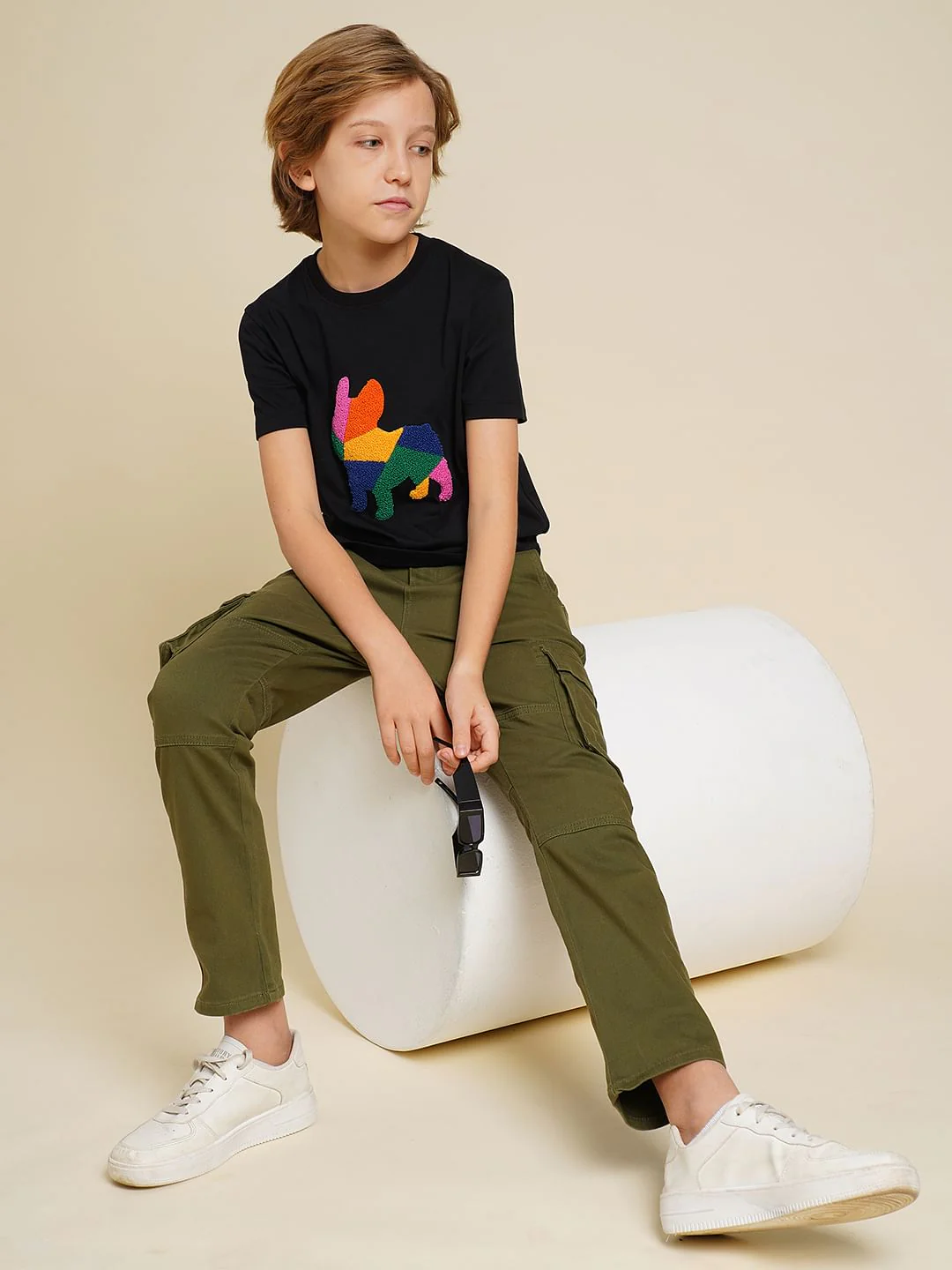 Boys Black Embroidered Doggo Print T-shirt