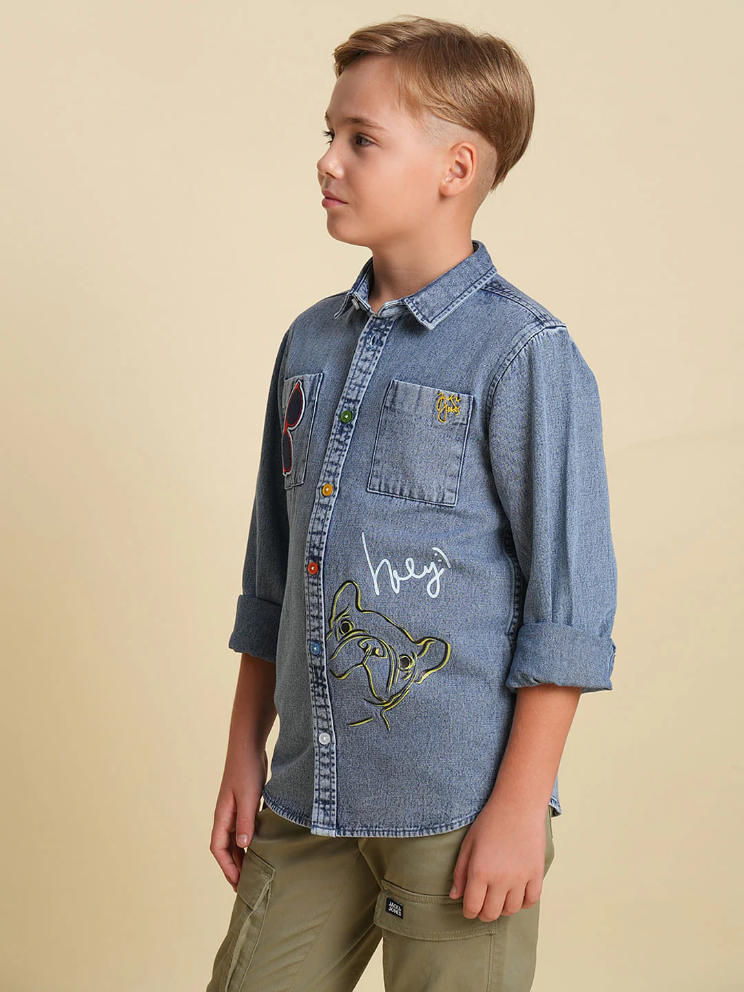 Boys Blue Printed Denim Shirt - Image 3
