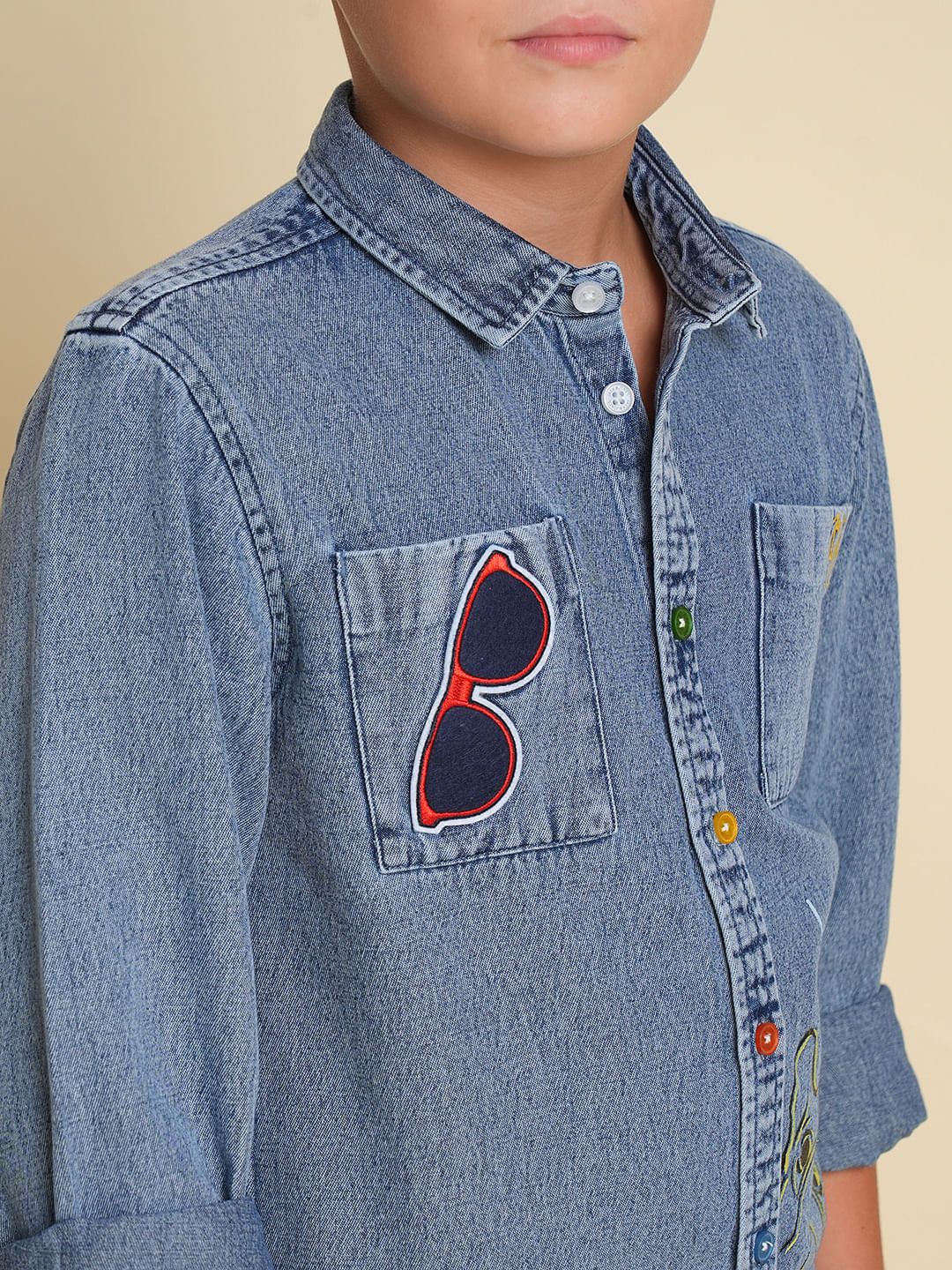 Boys Blue Printed Denim Shirt - Image 6