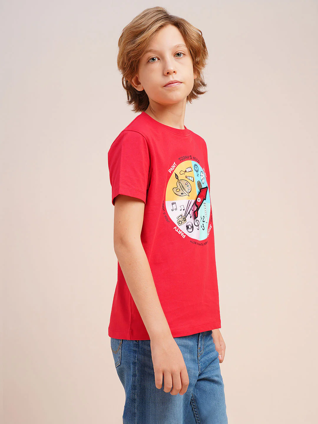 Boys Red Graphic Print Cotton T-shirt - Image 3