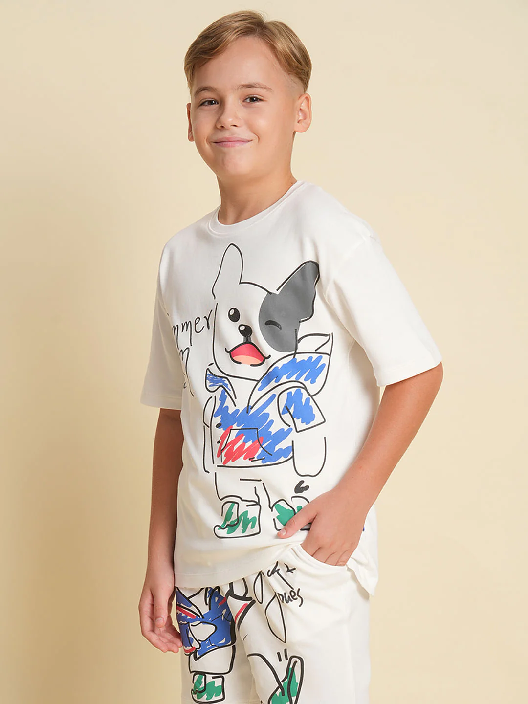 Boys White Printed Co-ord Set T-Shirt - Image 3