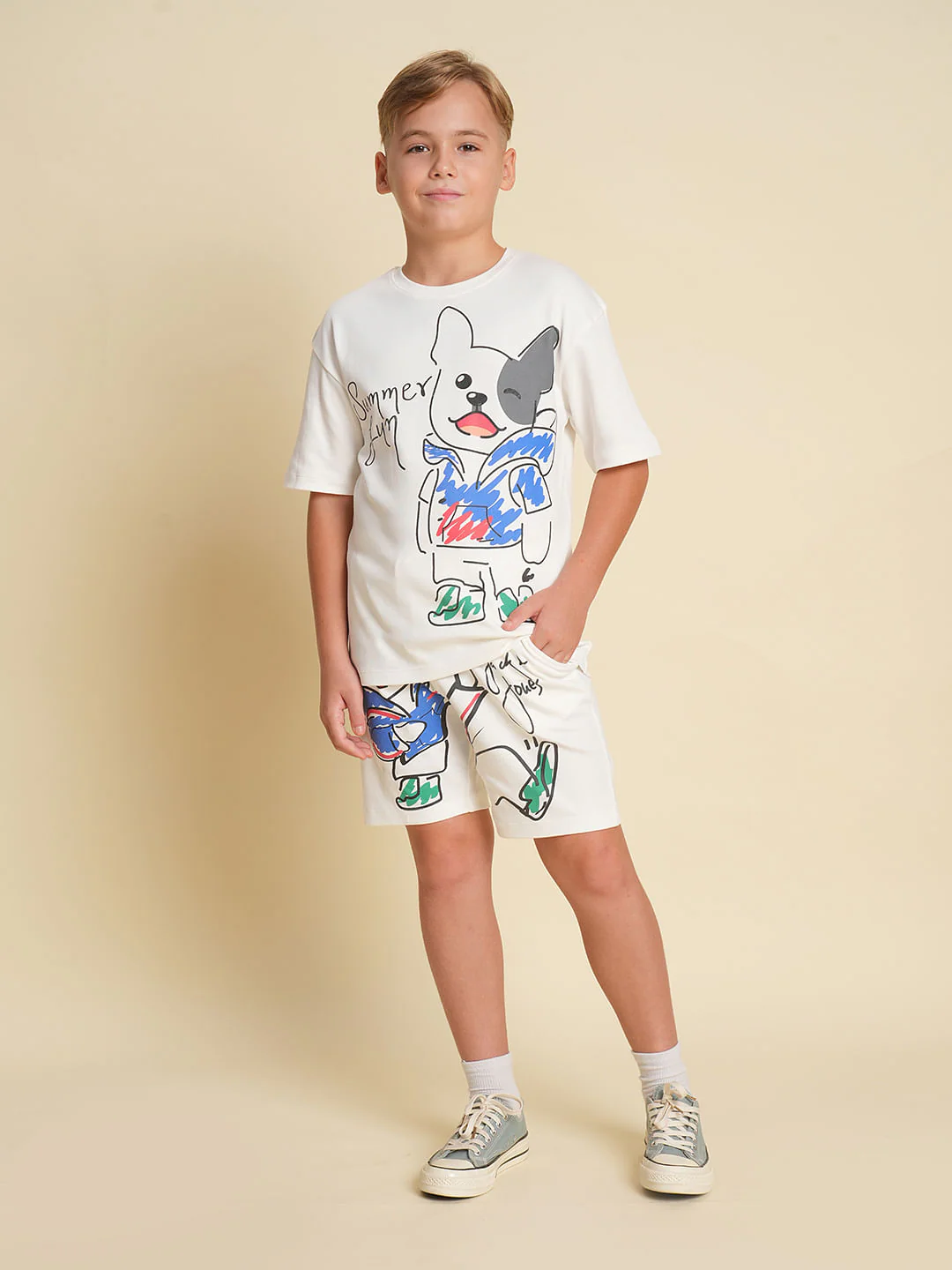 Boys White Printed Co-ord Set T-Shirt - Image 5
