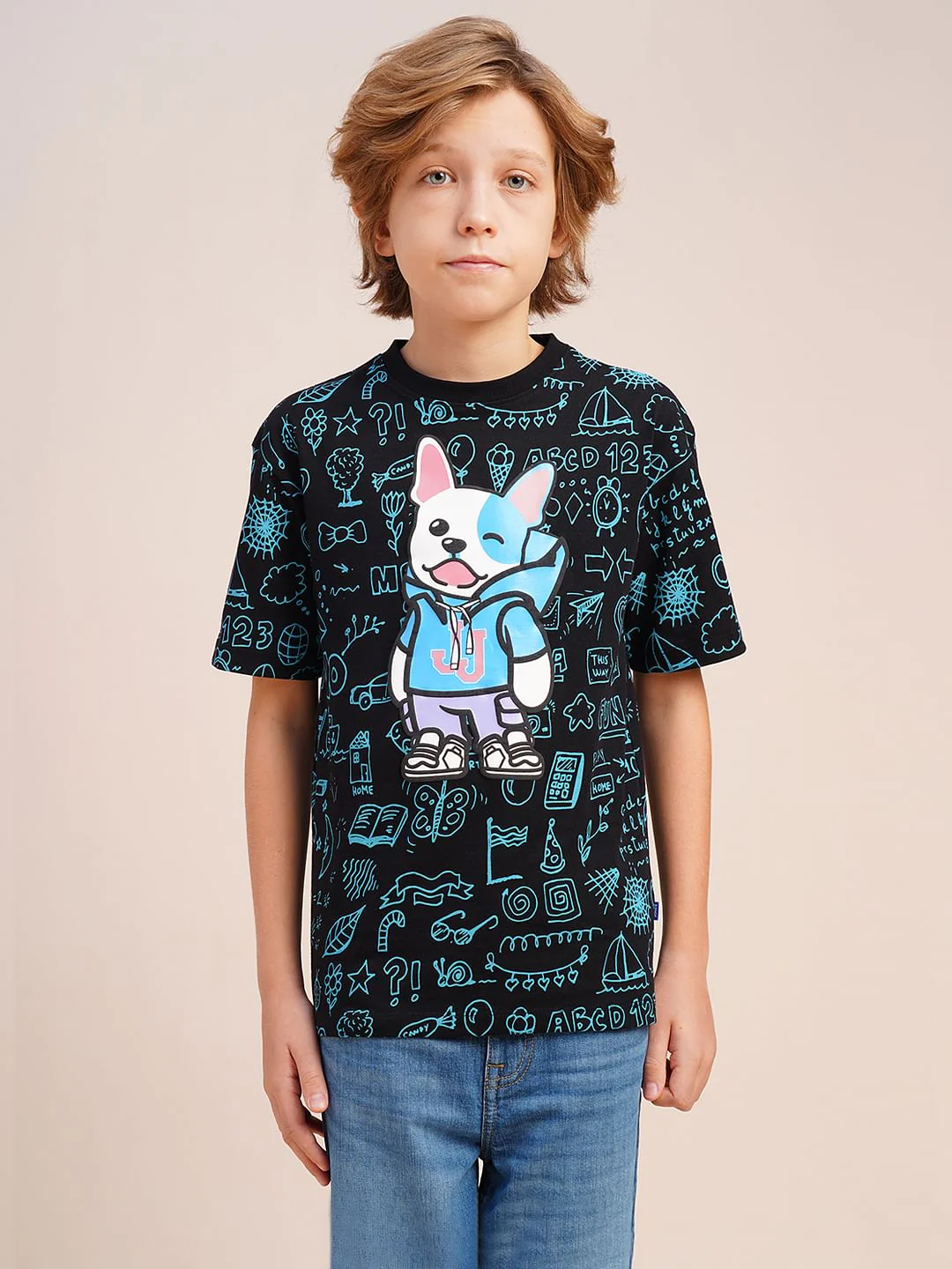 Boys Black Printed Cotton T-shirt - Image 2