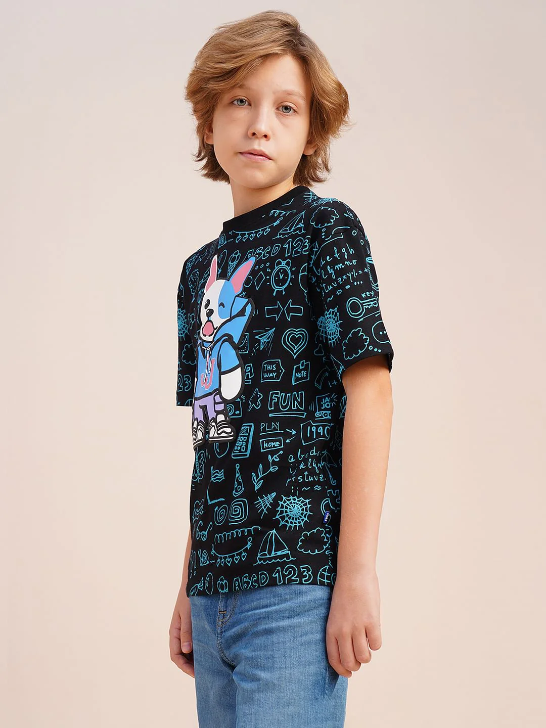 Boys Black Printed Cotton T-shirt - Image 3