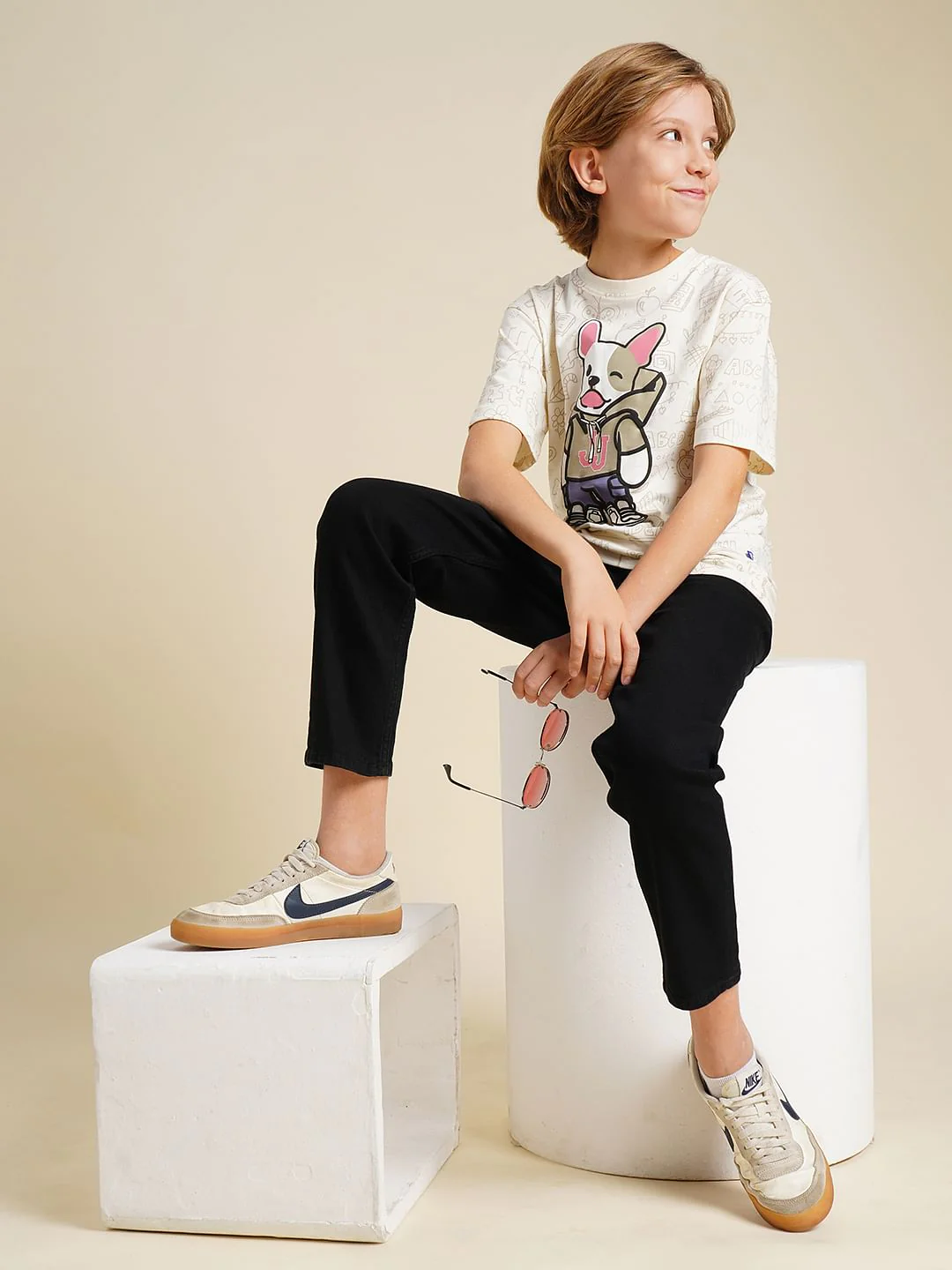 Boys Beige Printed Cotton T-shirt