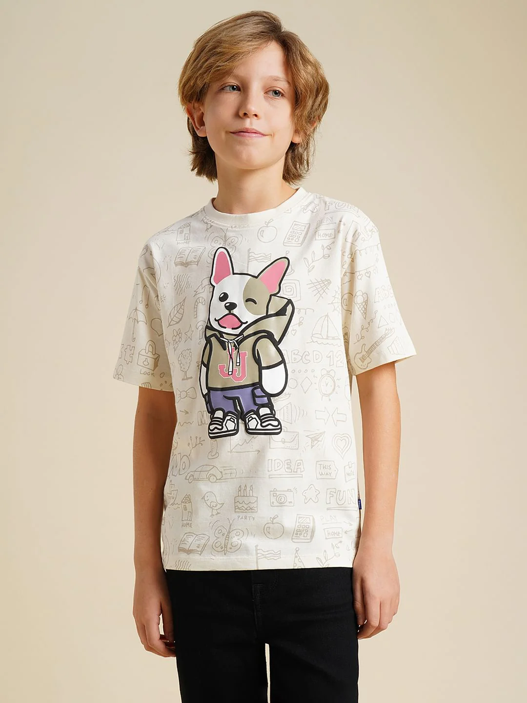 Boys Beige Printed Cotton T-shirt - Image 2