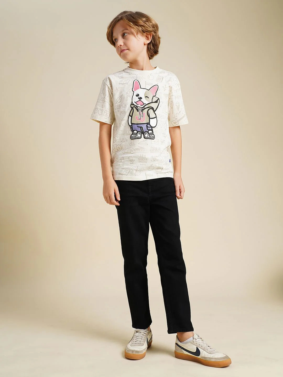 Boys Beige Printed Cotton T-shirt - Image 5