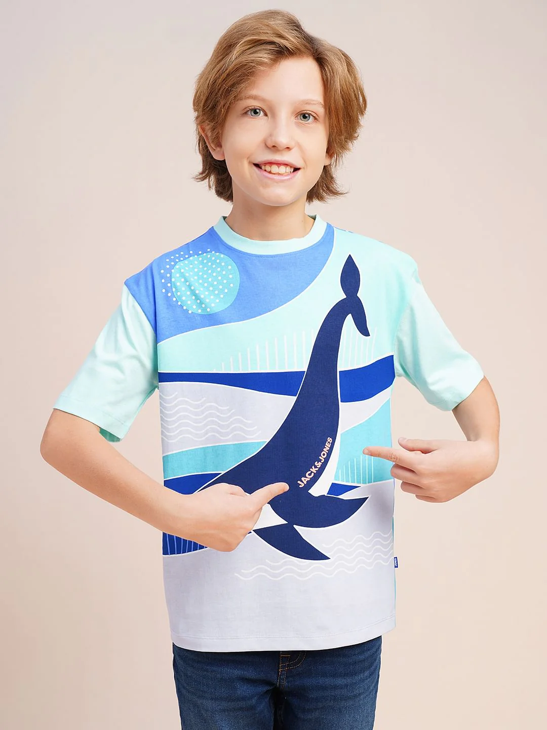 Boys Blue Whale Printed Cotton T-shirt - Image 2