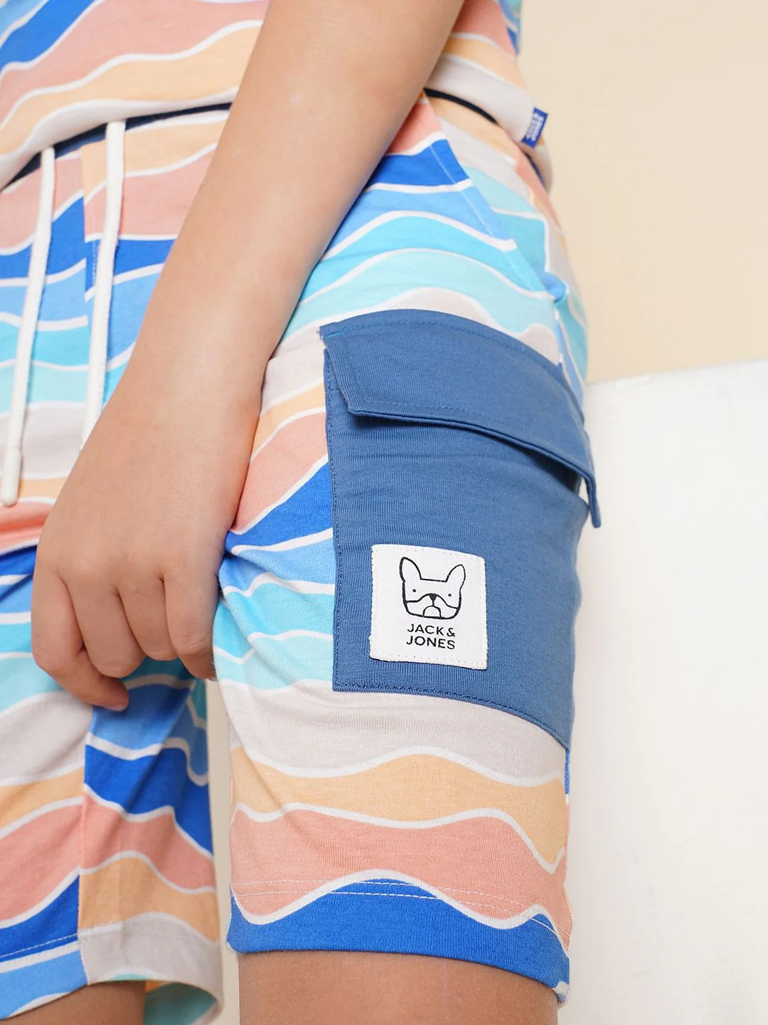 Boys Blue Printed Knitted Co-ord Set Shorts - Image 6