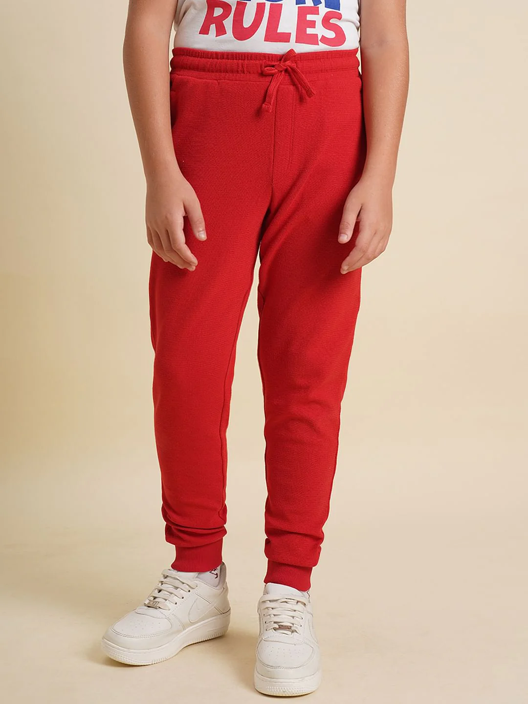 Boys Red Textured Cotton Sweatpants - Image 2