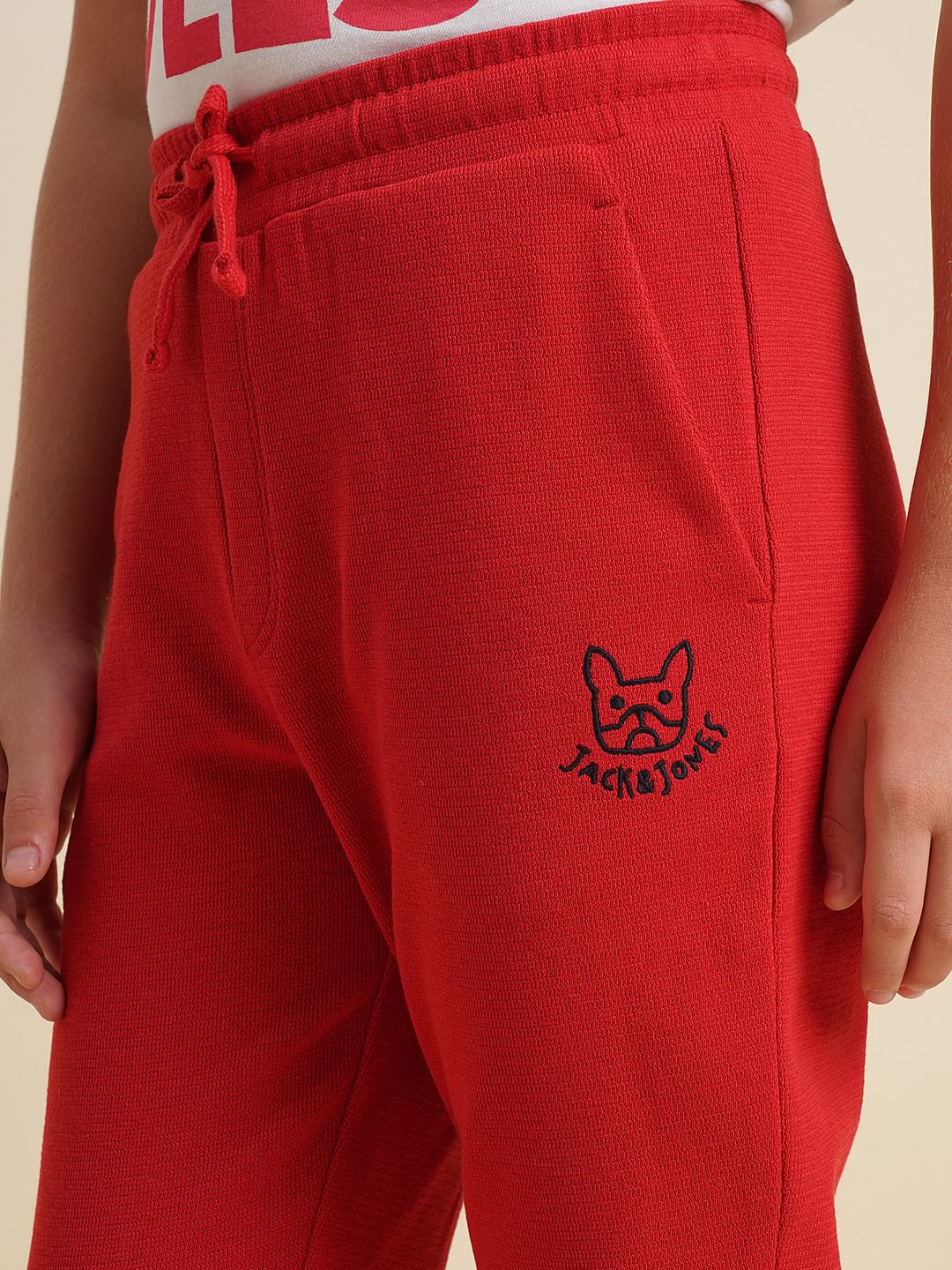 Boys Red Textured Cotton Sweatpants - Image 6