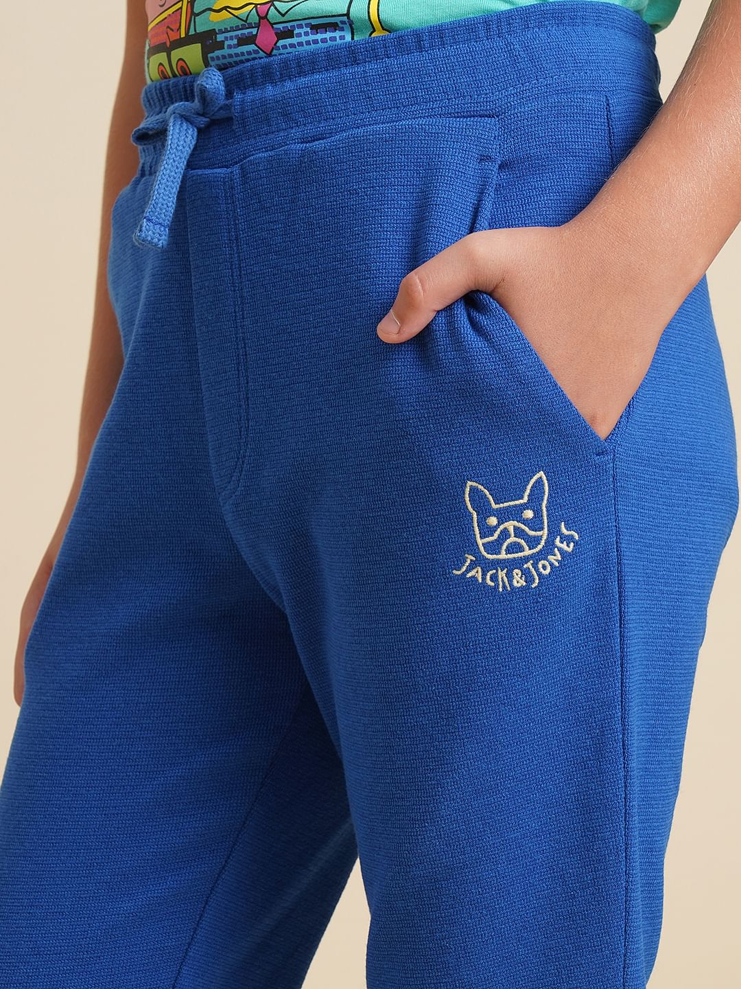 Boys Blue Textured Cotton Sweatpants - Image 6
