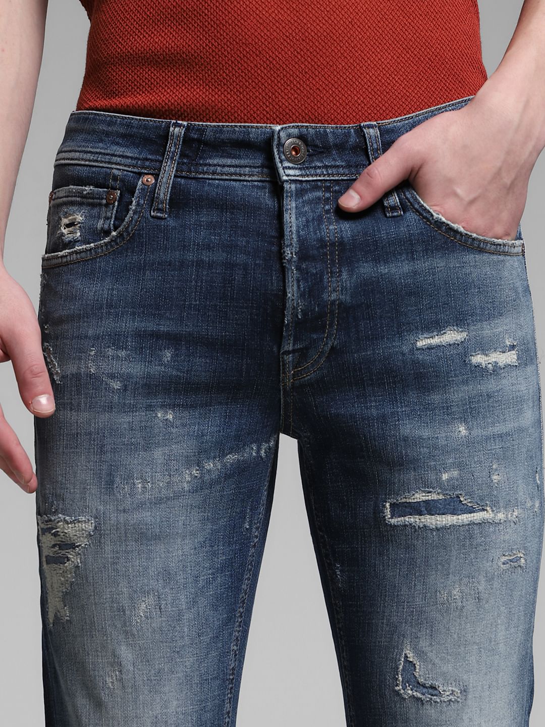 Blue Low Rise Distressed Glenn Slim Fit Jeans - Image 4