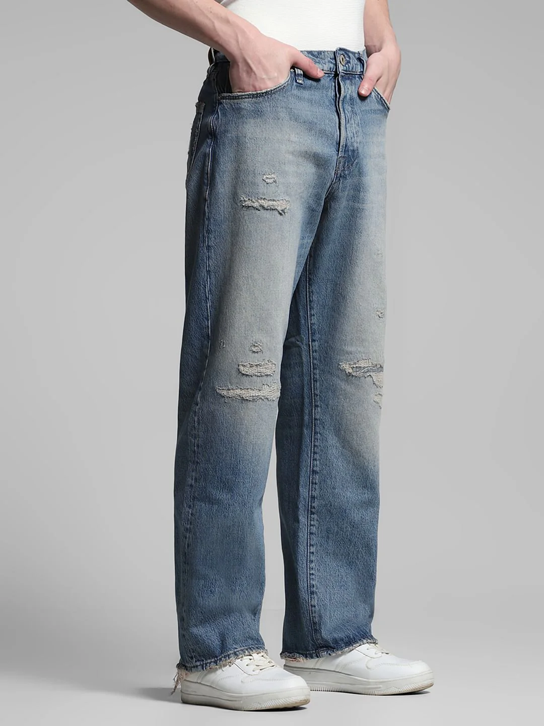 Light Blue High Rise Distressed Loose Fit Jeans - Image 2