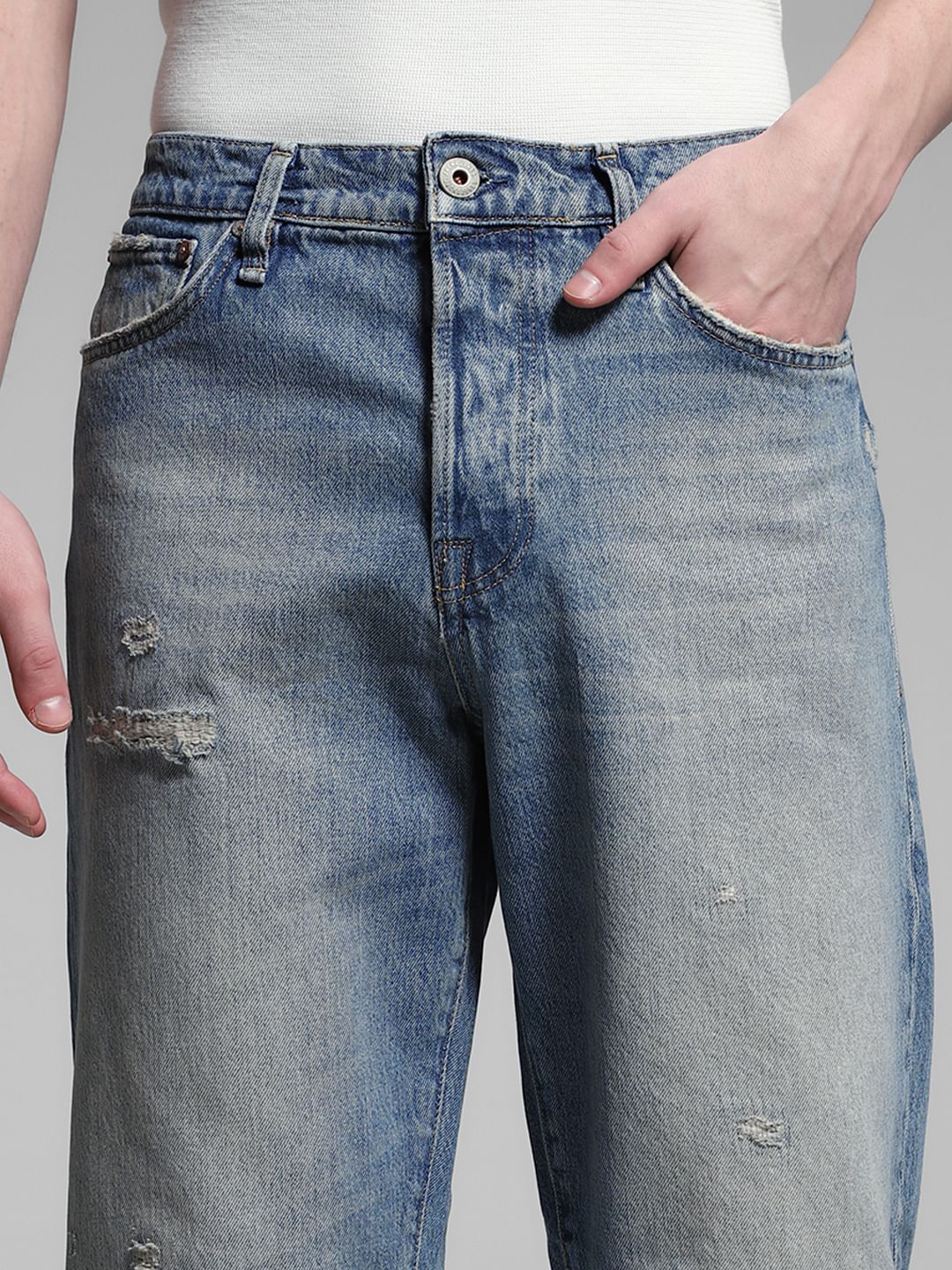 Light Blue High Rise Distressed Loose Fit Jeans - Image 4