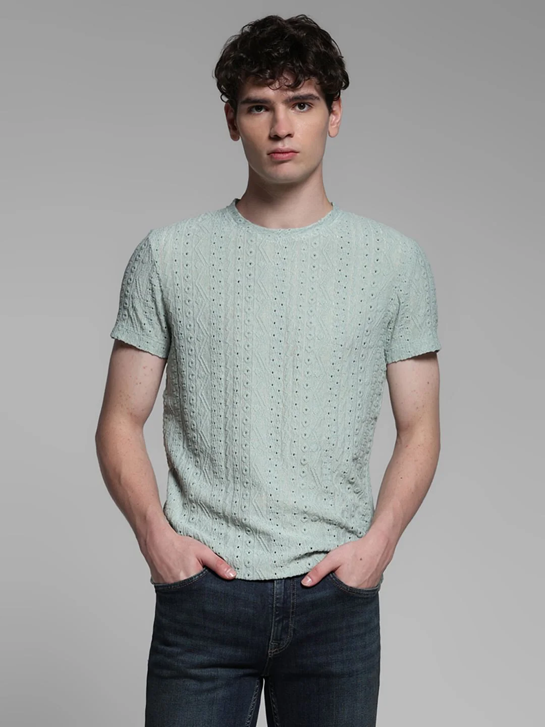 Green Jacquard Crew Neck T-shirt - Image 2