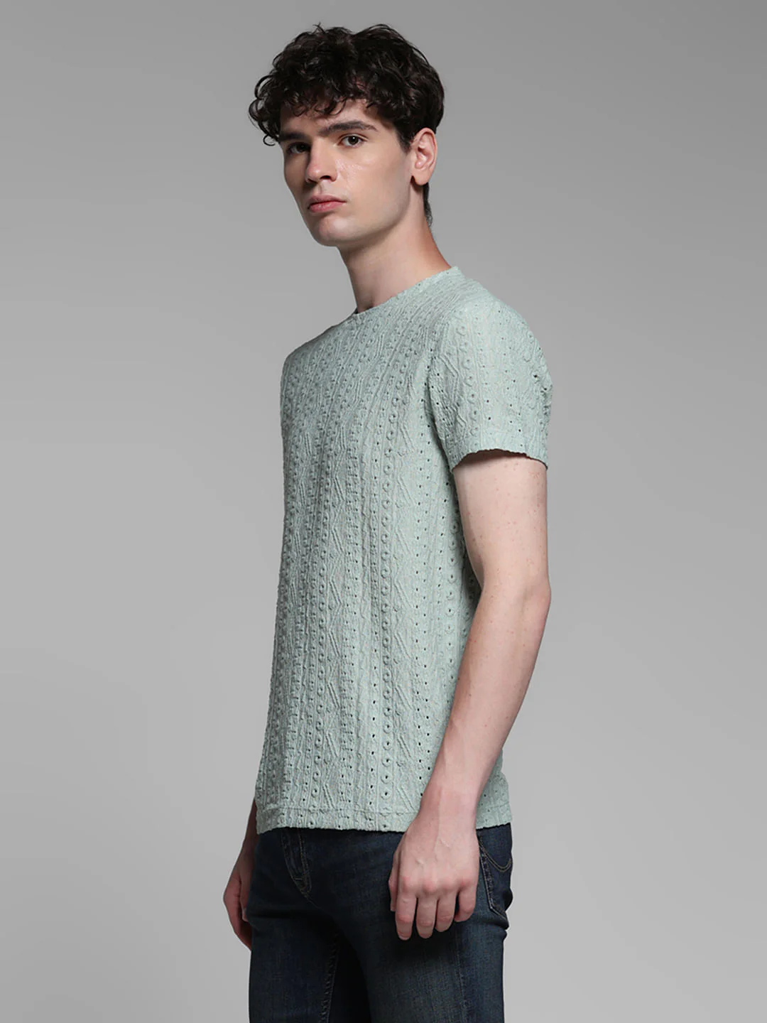 Green Jacquard Crew Neck T-shirt - Image 3