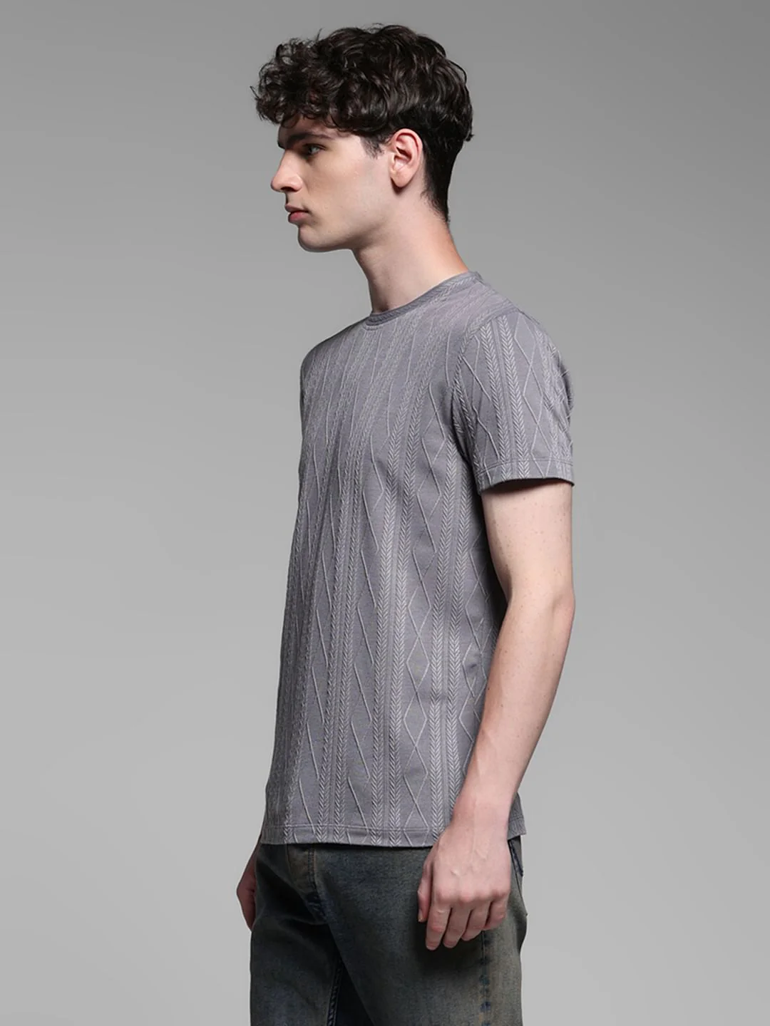 Grey Jacquard Crew Neck T-shirt - Image 3