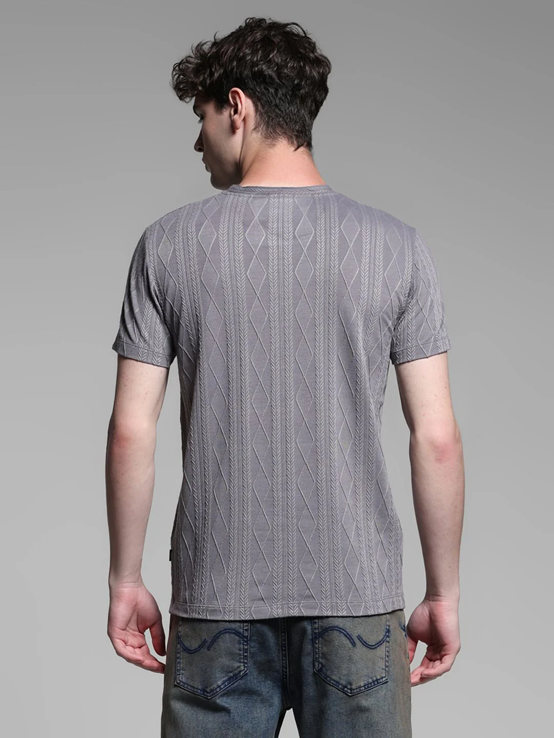 Grey Jacquard Crew Neck T-shirt - Image 4