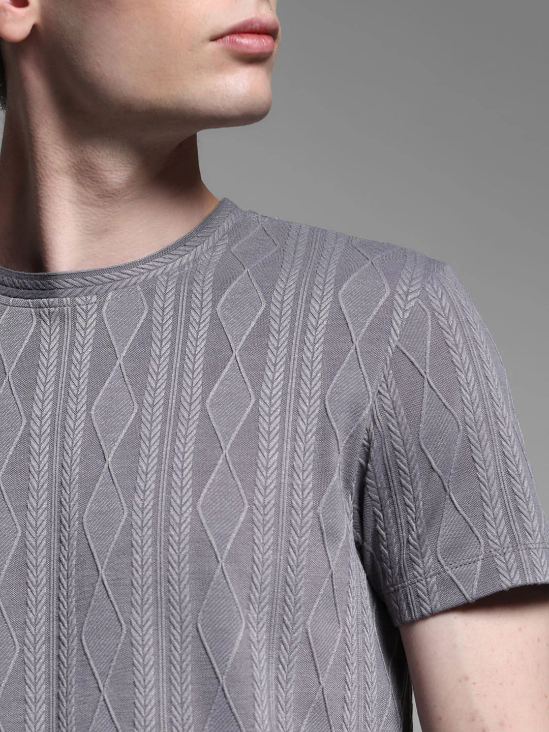 Grey Jacquard Crew Neck T-shirt - Image 5