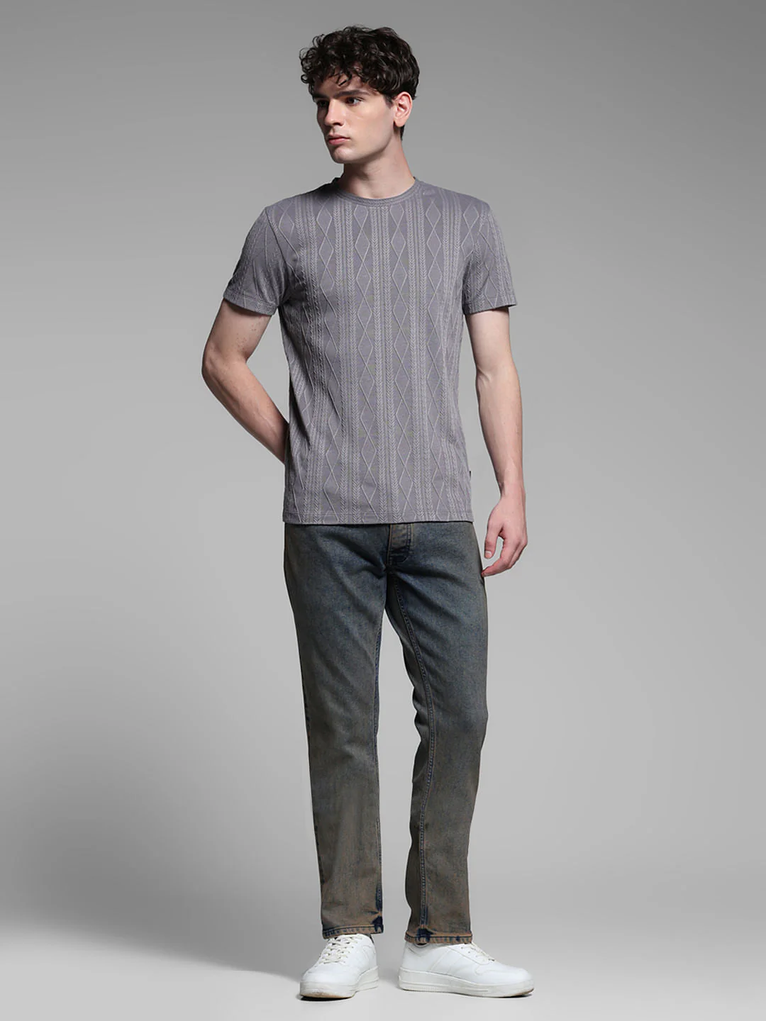 Grey Jacquard Crew Neck T-shirt - Image 6