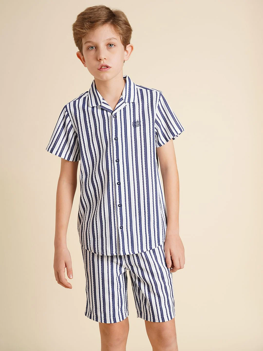 Boys Blue Yarn Dyed Striped Co-ord Set Shirt - Image 2