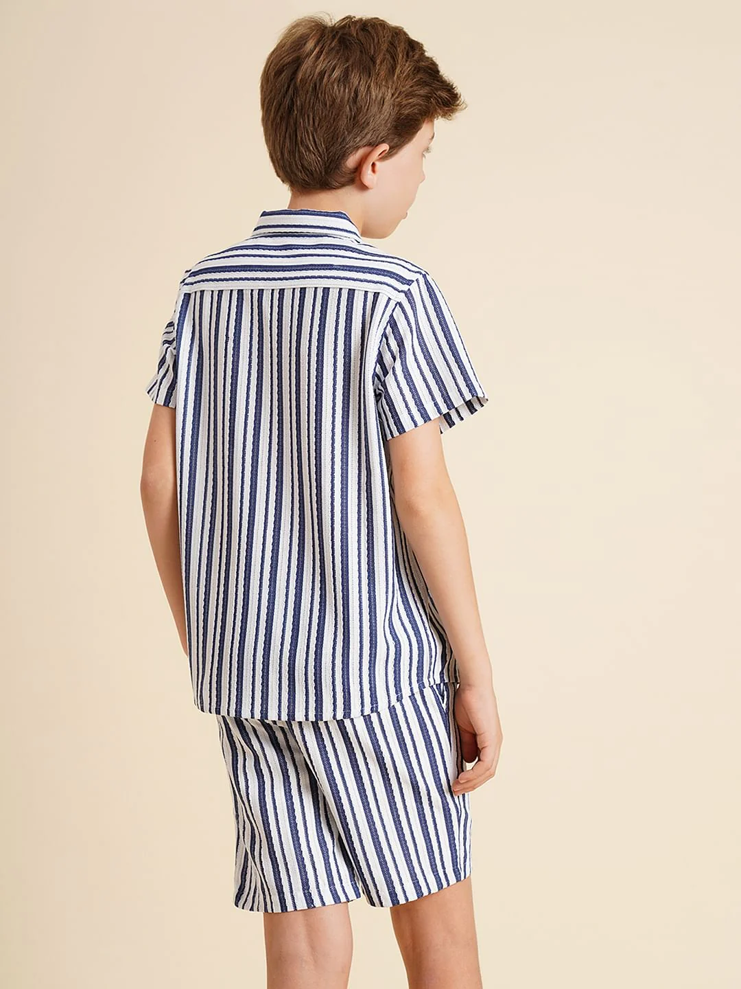 Boys Blue Yarn Dyed Striped Co-ord Set Shirt - Image 4