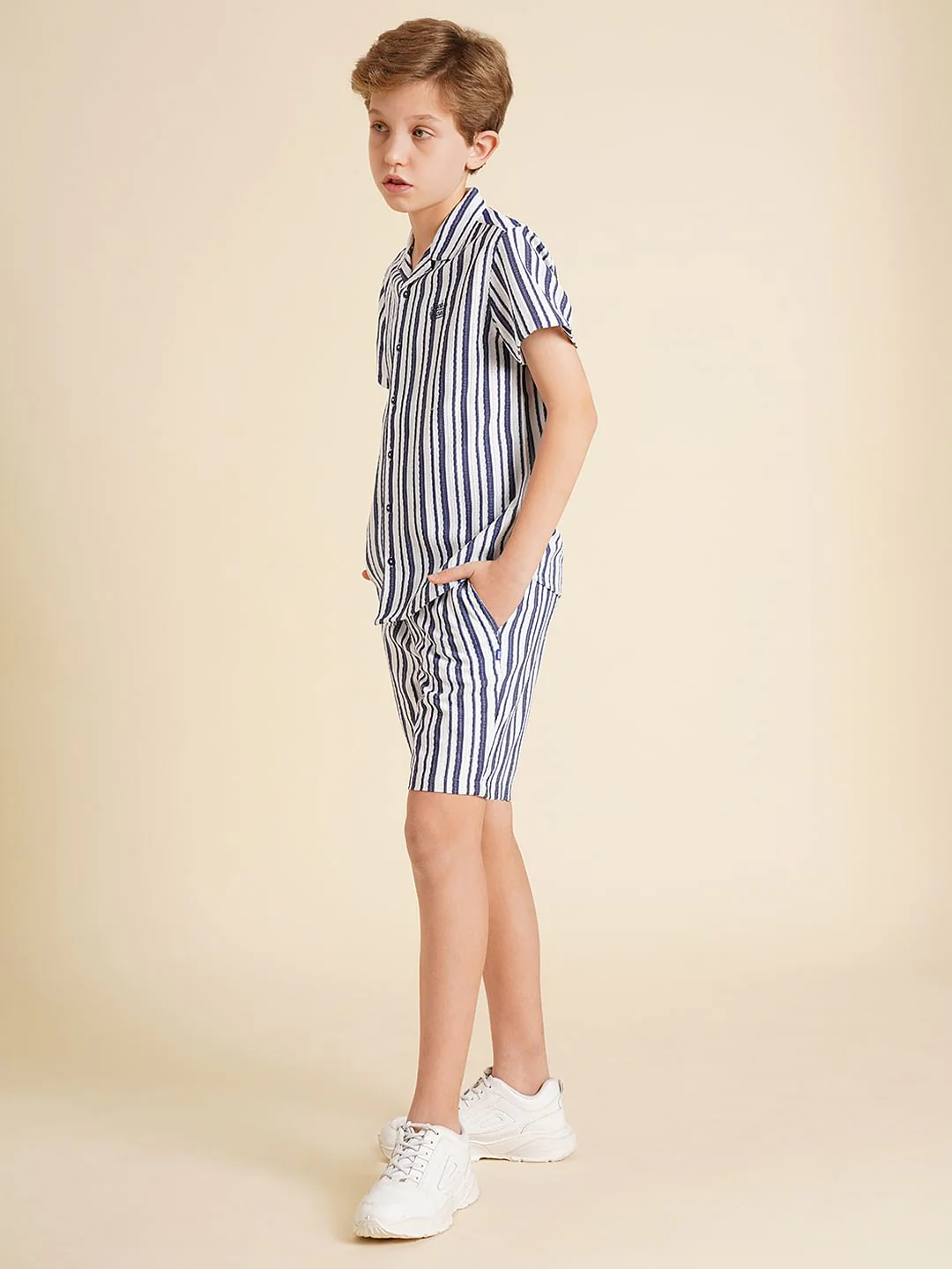 Boys Blue Yarn Dyed Striped Co-ord Set Shirt - Image 5