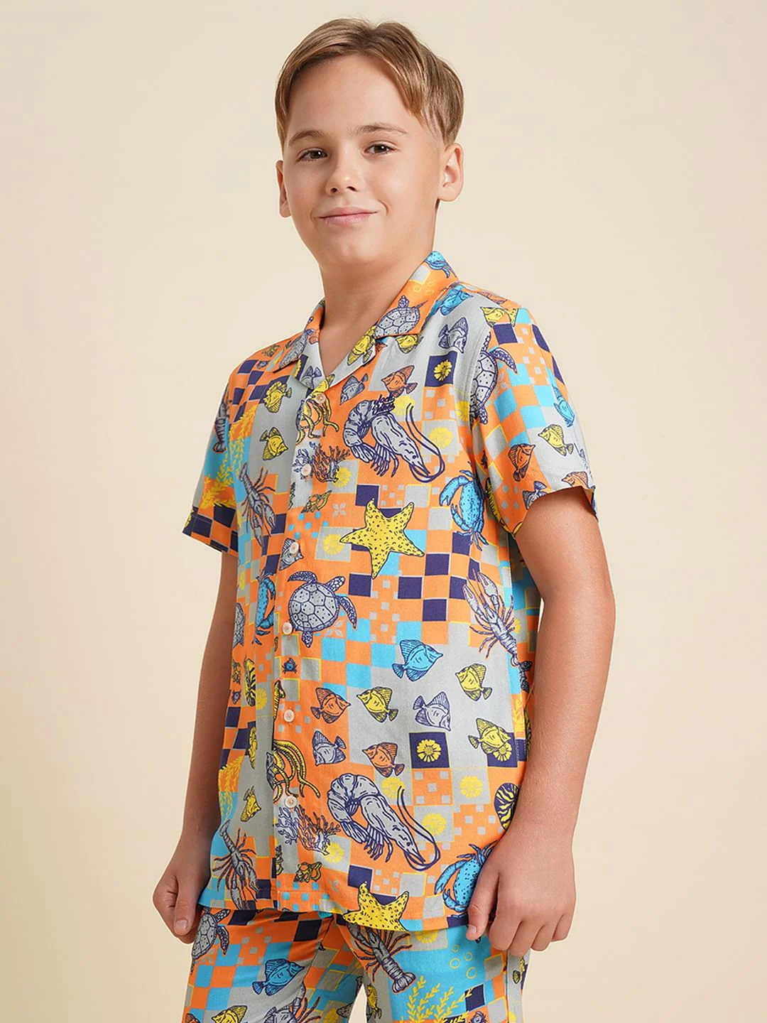 Boys Orange Printed Co-ord Set Shirt - Image 3