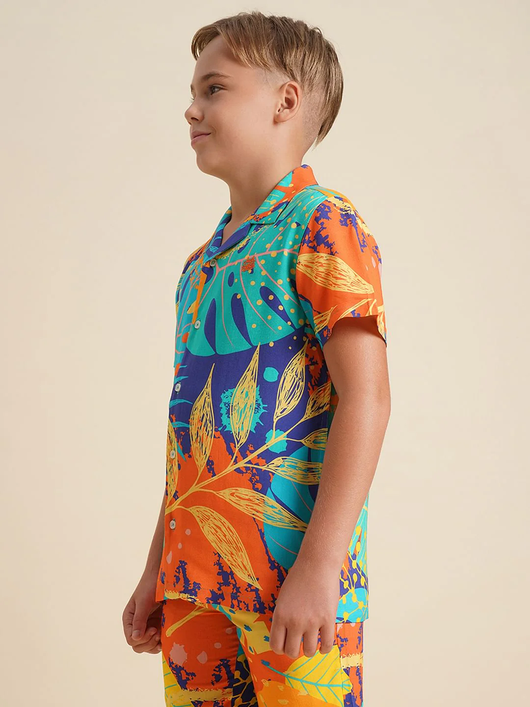 Boys Orange Printed Viscose Co-ord Set Shirt - Image 3