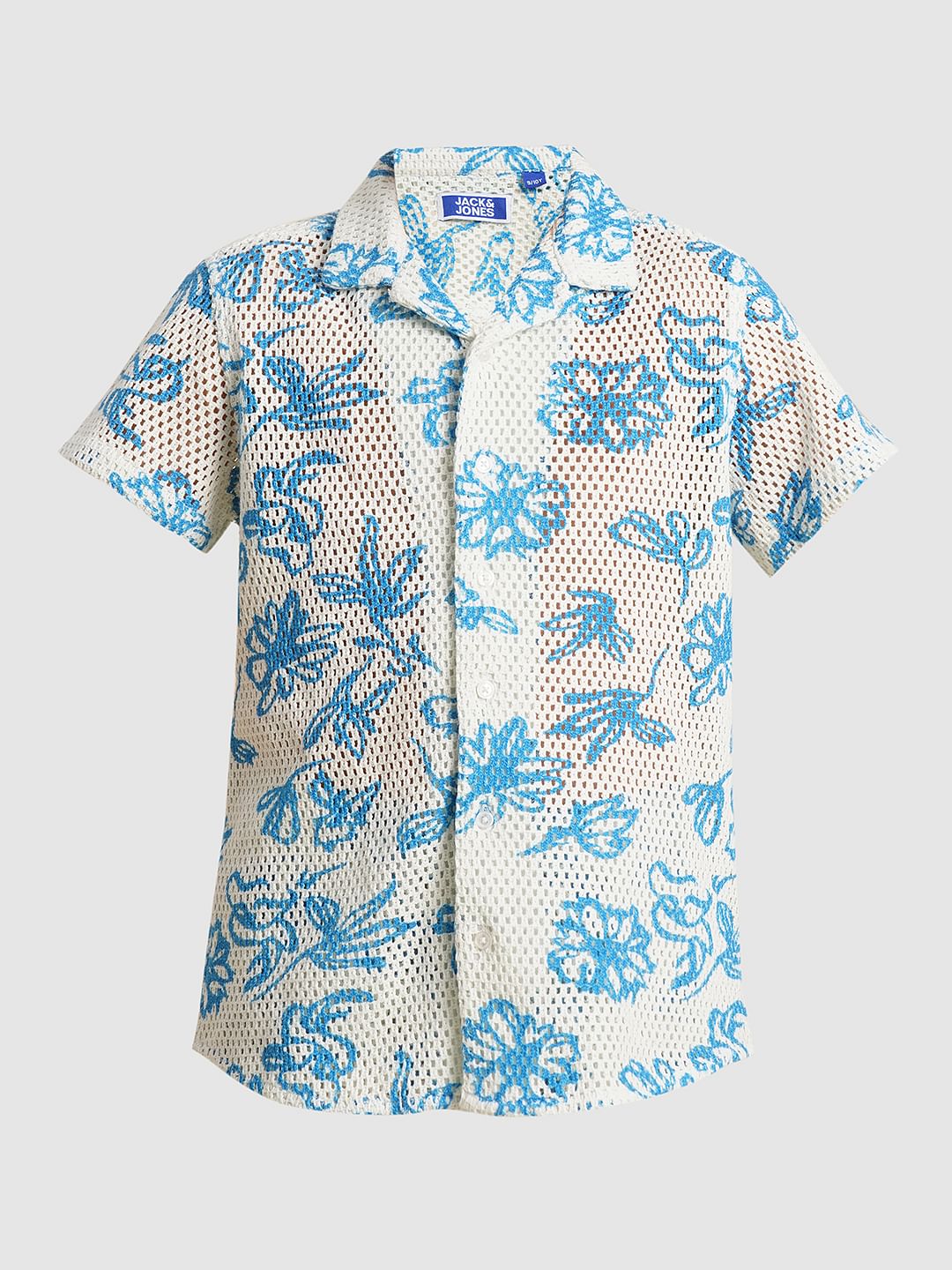 Boys Blue Printed Resort Collar Shirt - Image 7