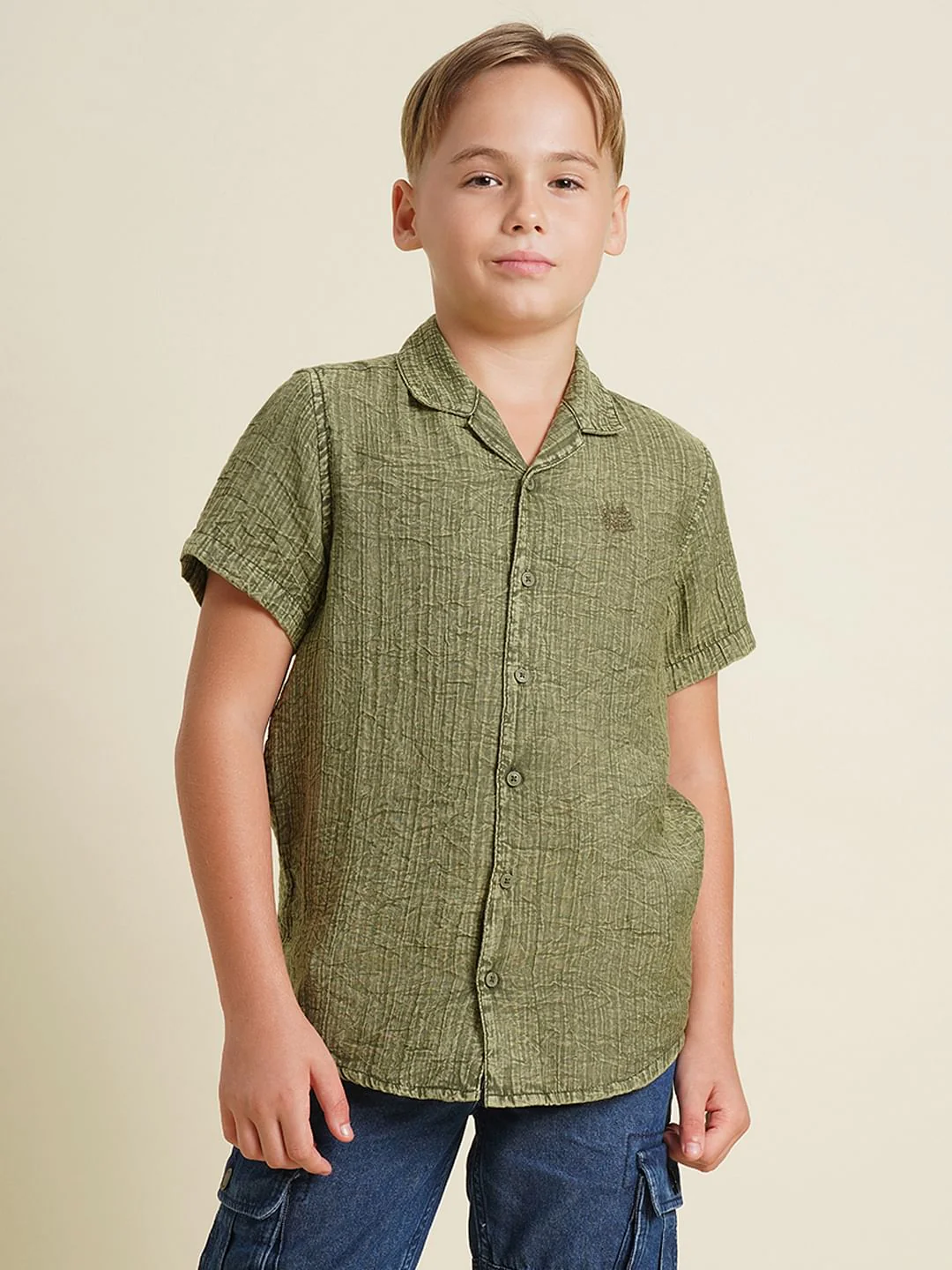 Boys Green Cotton Resort Collar Shirt - Image 2