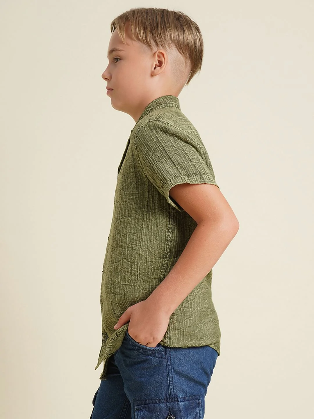Boys Green Cotton Resort Collar Shirt - Image 3