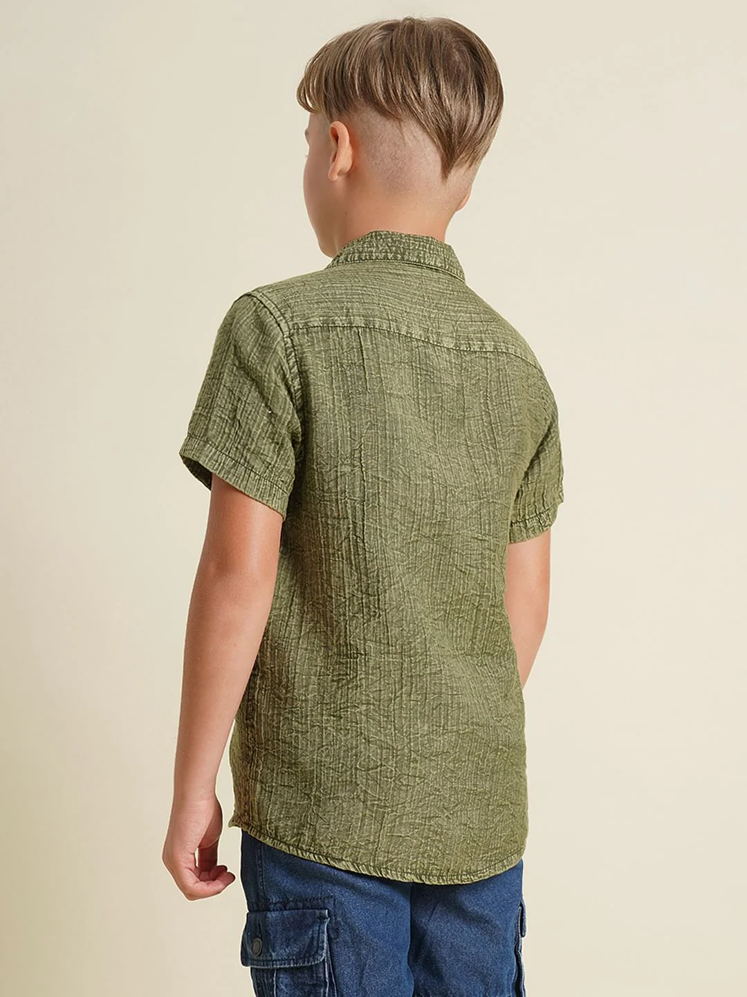 Boys Green Cotton Resort Collar Shirt - Image 4