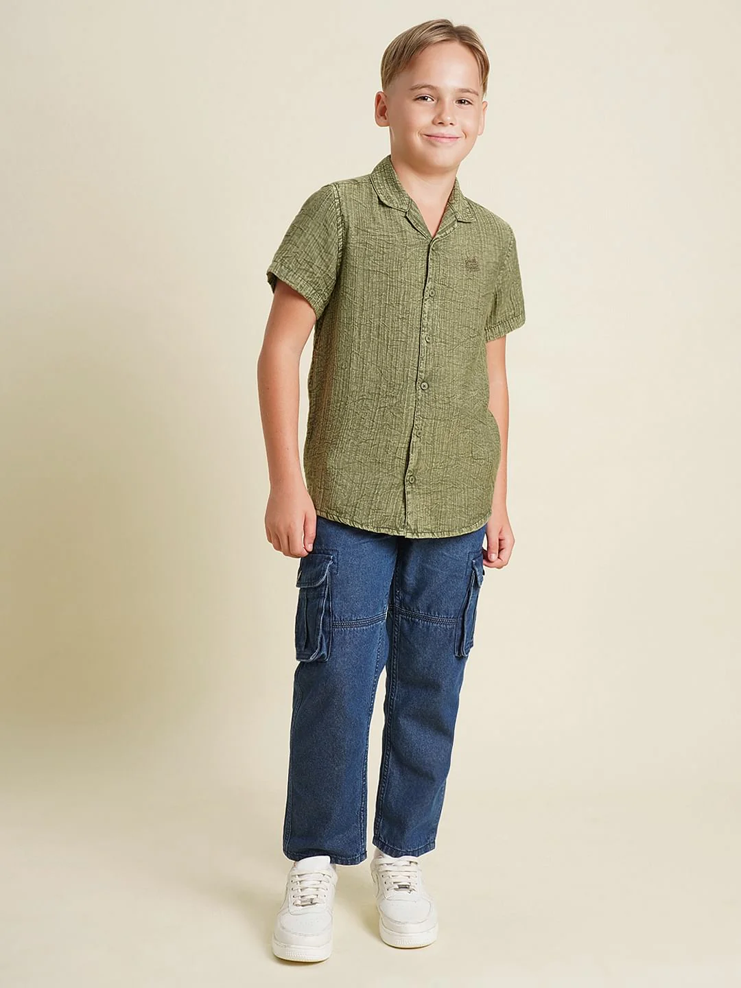 Boys Green Cotton Resort Collar Shirt - Image 5