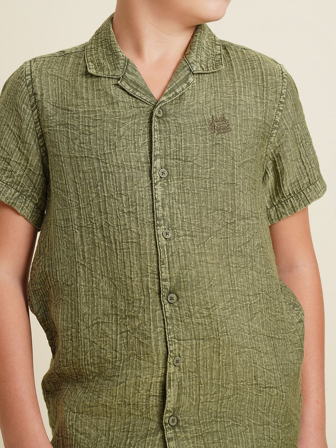 Boys Green Cotton Resort Collar Shirt - Image 6