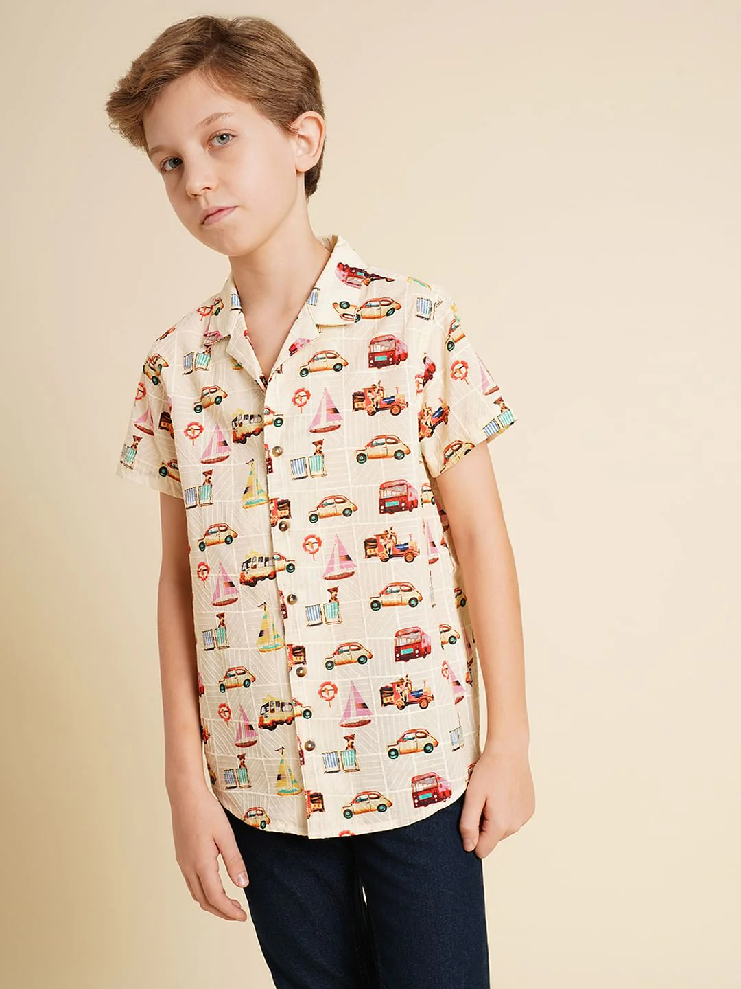 Boys Beige Car Print Dobby Shirt - Image 2