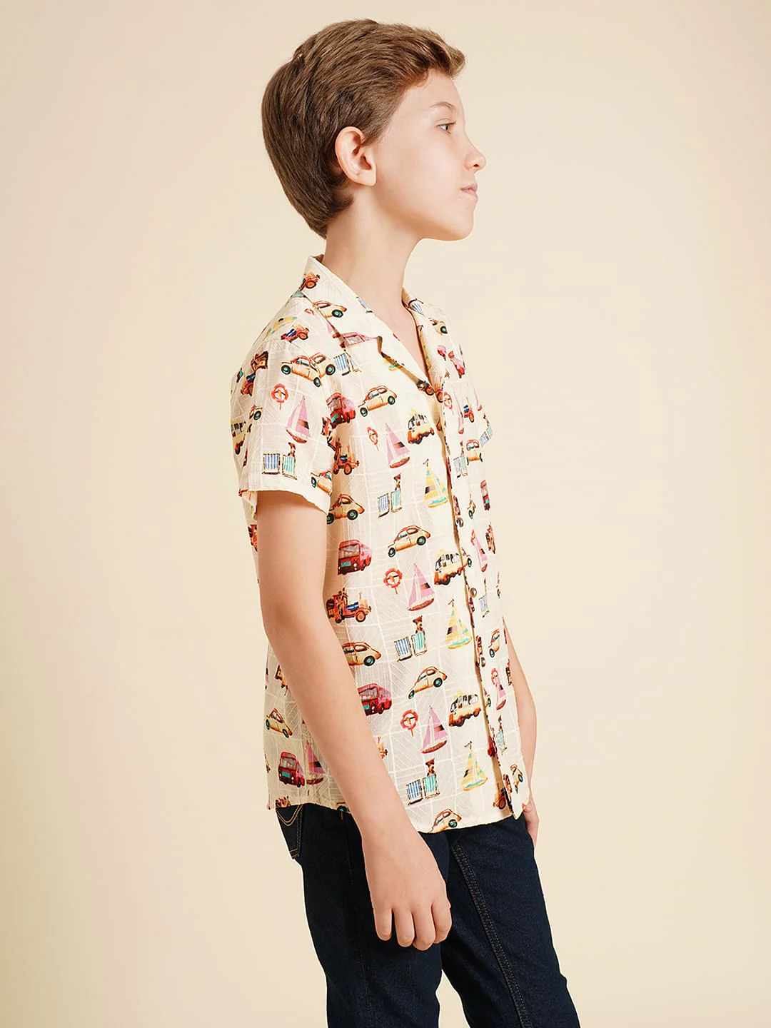 Boys Beige Car Print Dobby Shirt - Image 3