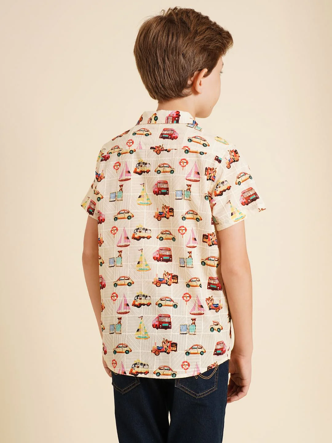 Boys Beige Car Print Dobby Shirt - Image 4