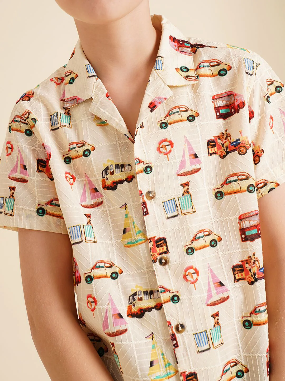 Boys Beige Car Print Dobby Shirt - Image 6