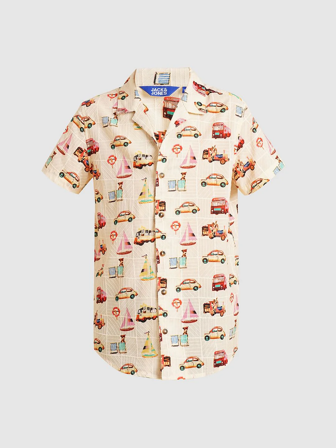 Boys Beige Car Print Dobby Shirt - Image 7