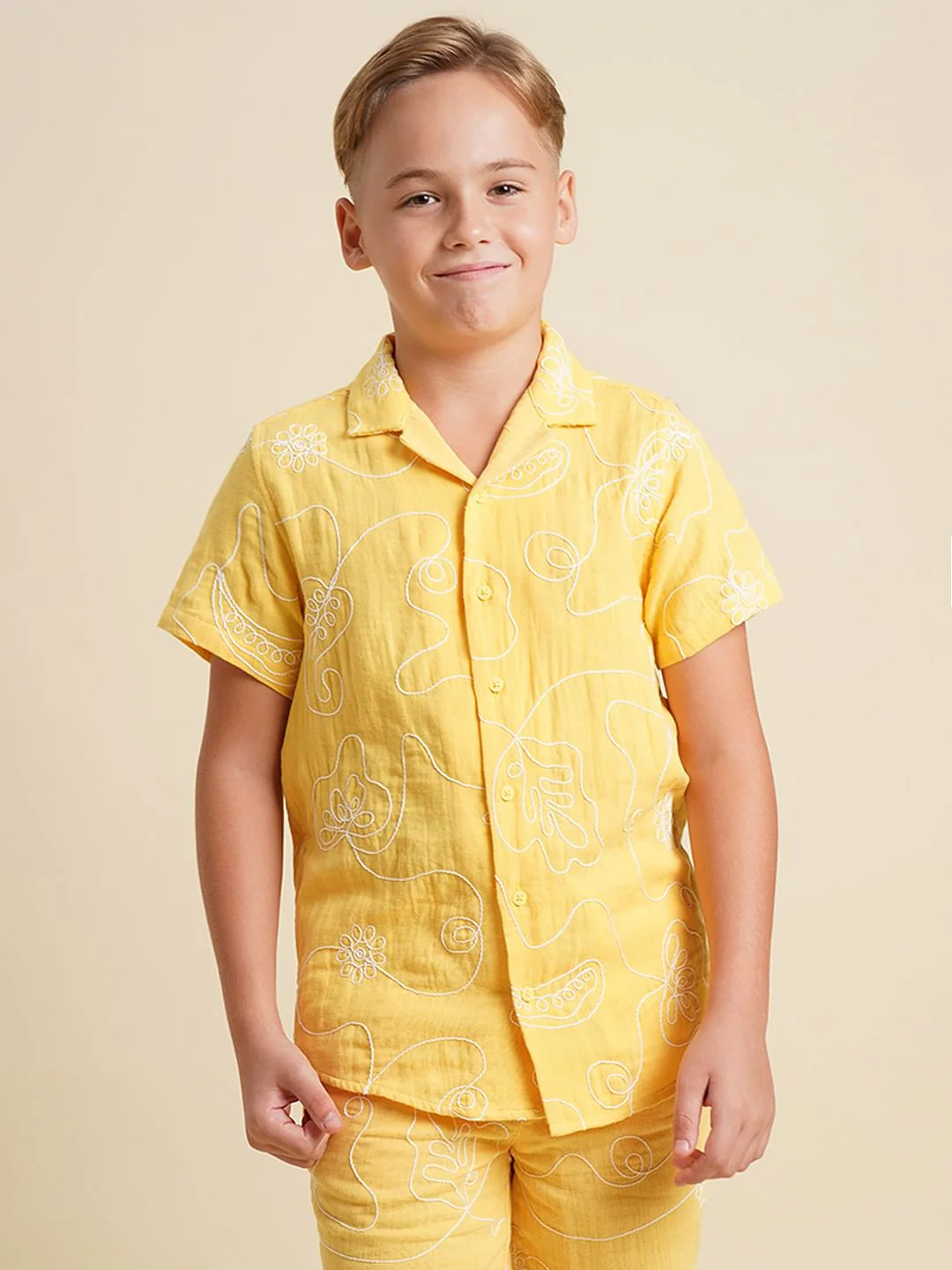 Boys Yellow Embroidered Co-ord Set Shirt - Image 2