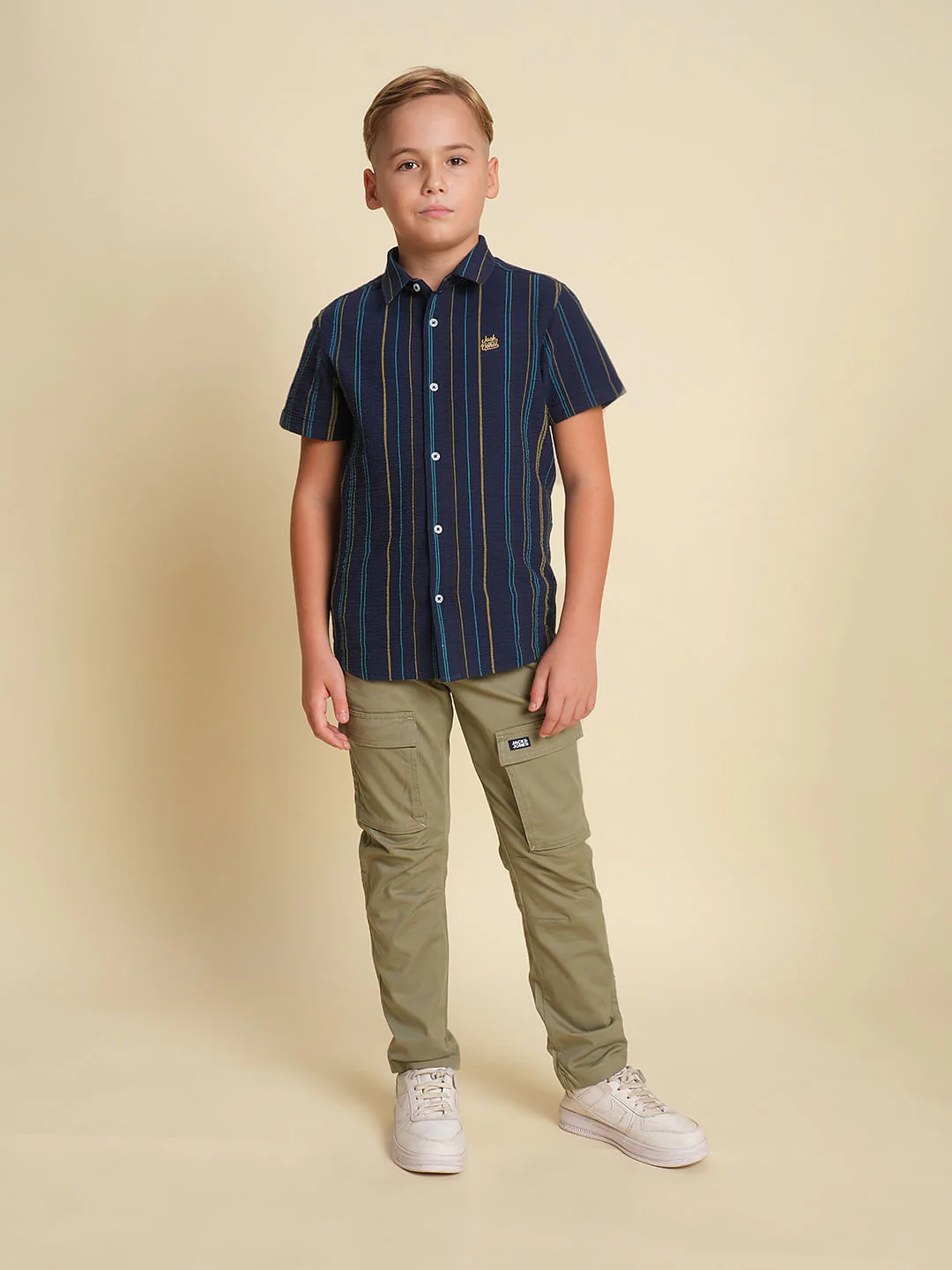 Boys Navy Blue Striped Cotton Shirt - Image 5