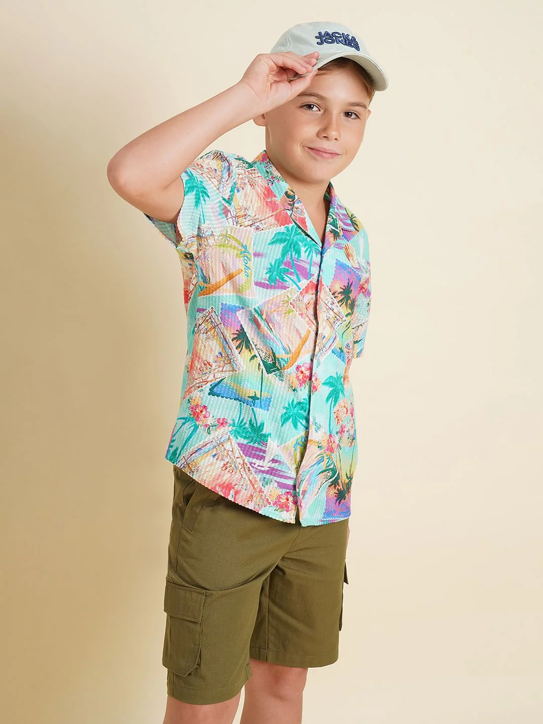 Boys Blue Tropical Print Cotton Shirt