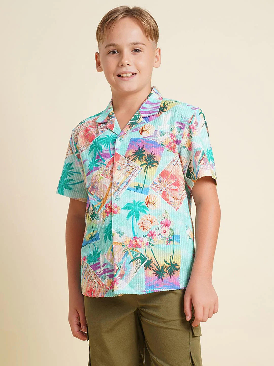 Boys Blue Tropical Print Cotton Shirt - Image 2