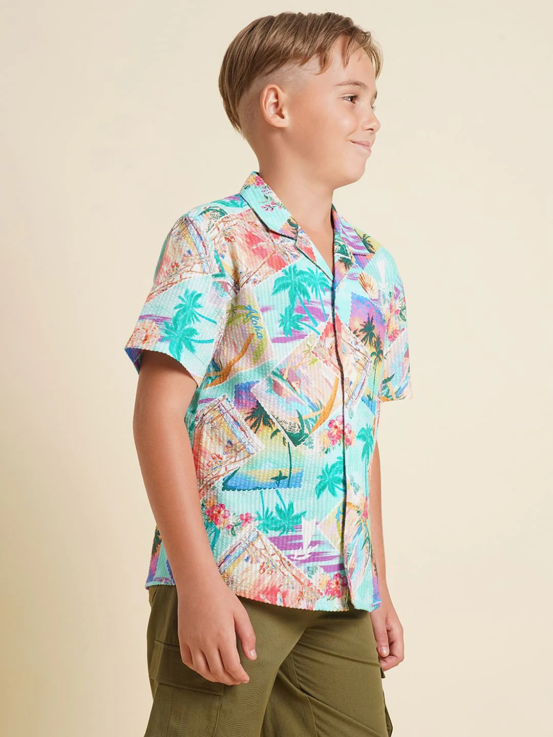Boys Blue Tropical Print Cotton Shirt - Image 3