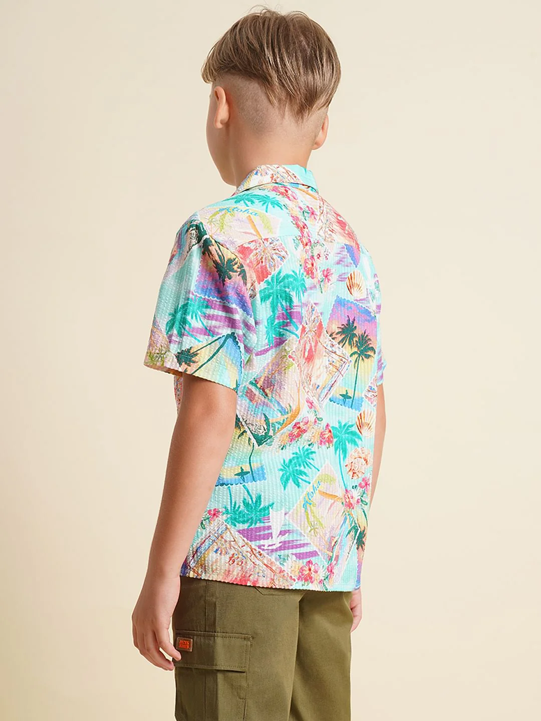 Boys Blue Tropical Print Cotton Shirt - Image 4