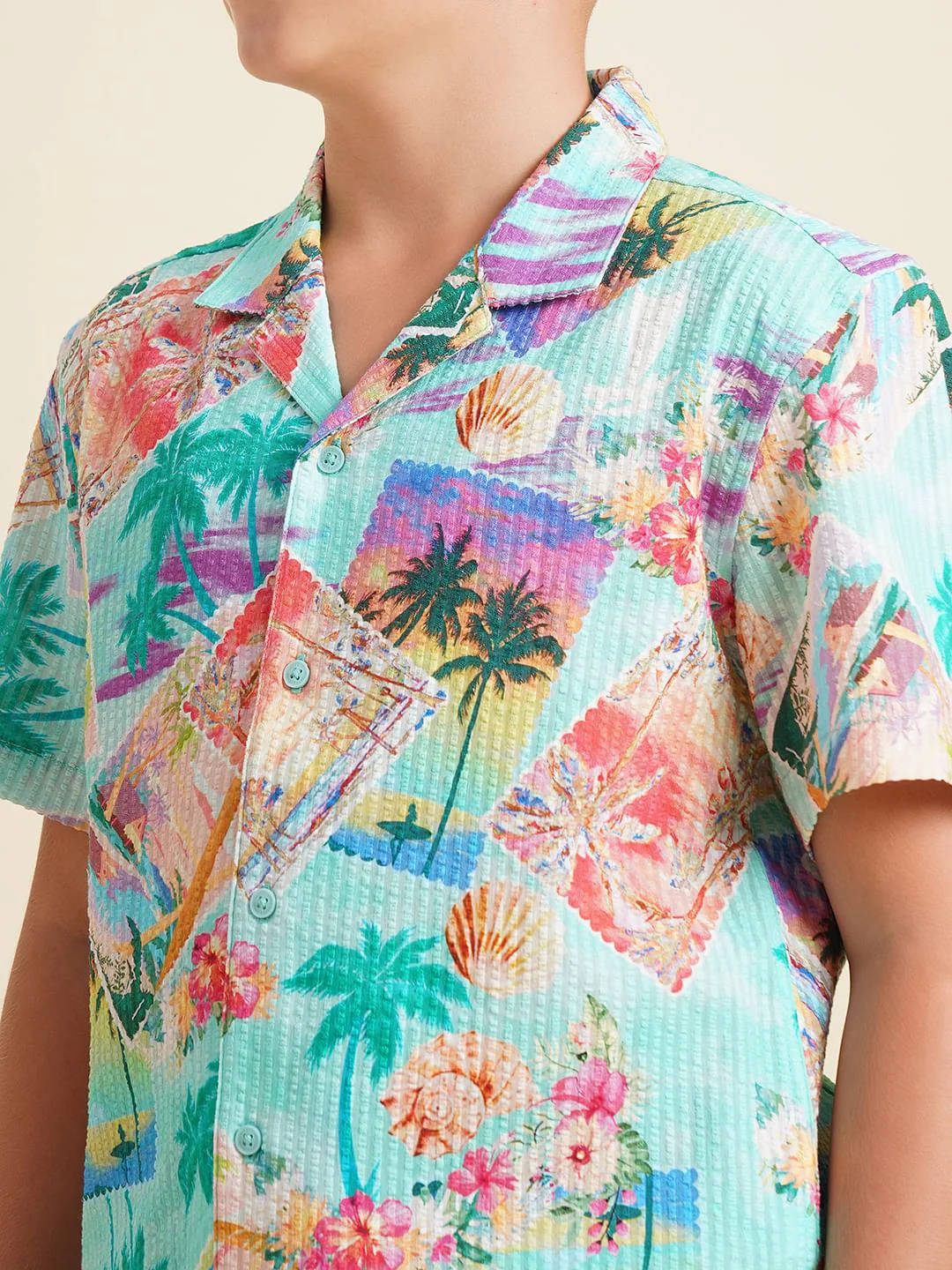 Boys Blue Tropical Print Cotton Shirt - Image 6
