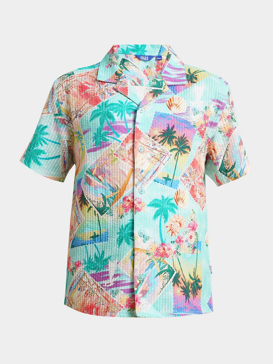 Boys Blue Tropical Print Cotton Shirt - Image 7